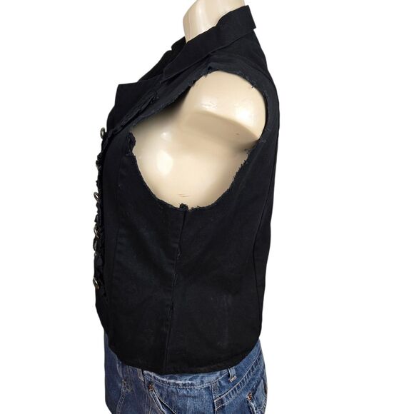 Funhouse Vest Sz L Black Denim Velvet Open Front Goth Steampunk Y2K Emo Grunge - Picture 3 of 6